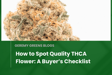 Close-up of frosty THCA cannabis bud with green overlay text that reads “How to Spot Quality THCA Flower: A Buyer’s Checklist – Geremy Greens Blogs.”