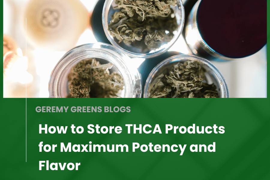 Top view of glass jars filled with cannabis flower, highlighting proper THCA storage techniques to maintain potency and flavor—featured blog title: “How to Store THCA Products for Maximum Potency and Flavor.”