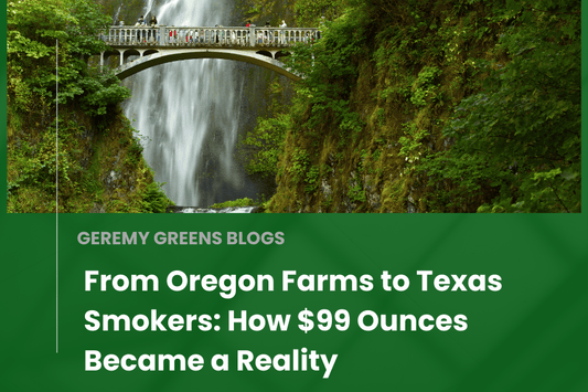 Waterfall in South Oregon with blog title overlay: From Oregon Farms to Texas Smokers – How $99 Ounces Became a Reality.