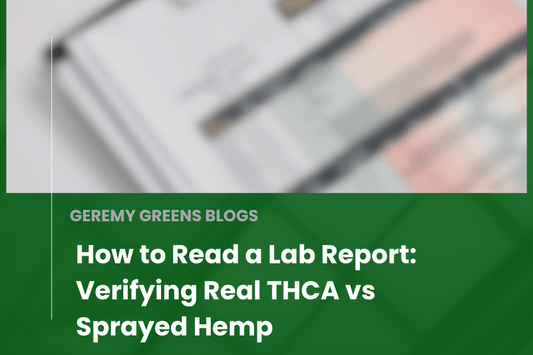 Blurred lab report with color-coded sections, representing how to analyze COAs to verify real THCA flower versus sprayed hemp—featured blog title: “How to Read a Lab Report: Verifying Real THCA vs Sprayed Hemp.”