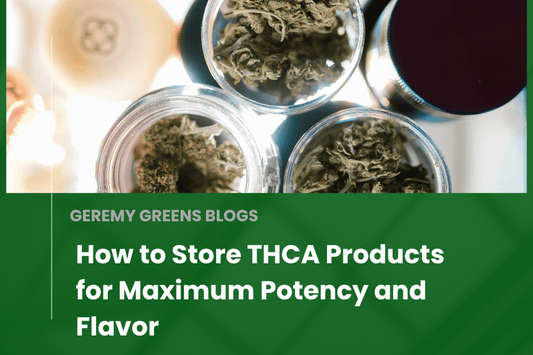 Top view of glass jars filled with cannabis flower, highlighting proper THCA storage techniques to maintain potency and flavor—featured blog title: “How to Store THCA Products for Maximum Potency and Flavor.”
