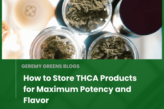 Top view of glass jars filled with cannabis flower, highlighting proper THCA storage techniques to maintain potency and flavor—featured blog title: “How to Store THCA Products for Maximum Potency and Flavor.”