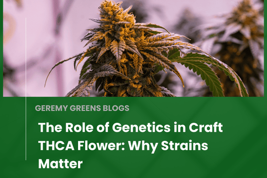 Close-up of a mature cannabis plant in flower, used as a cover image for the blog “The Role of Genetics in Craft THCA Flower: Why Strains Matter” by Geremy Greens.