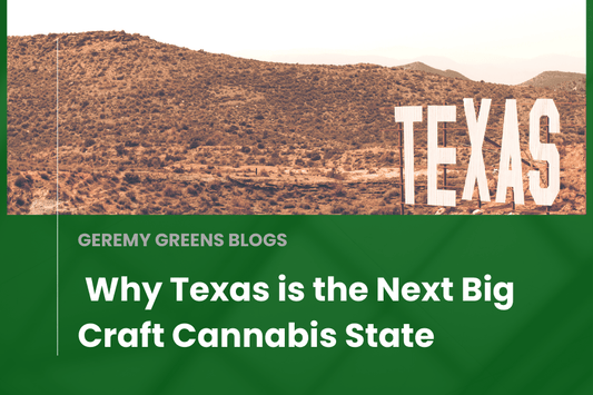 Texas desert landscape with large 'TEXAS' sign, representing the state's emerging role in the craft cannabis industry.
