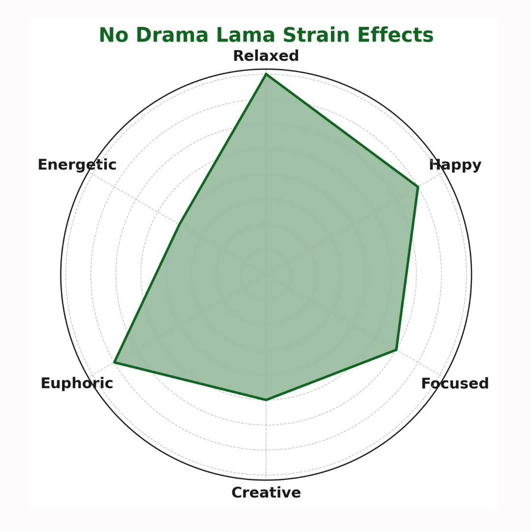 Radar chart titled 'No Drama Lama Strain Effects' with categories like Relaxed, Happy, Energetic, etc.